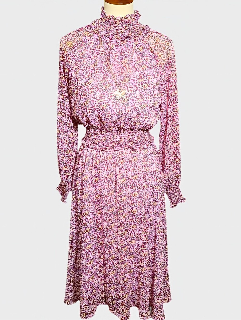 OPT Anthropologie Boho Purple Floral Mock Neck Smocked Long Sleeve Midi Dress S